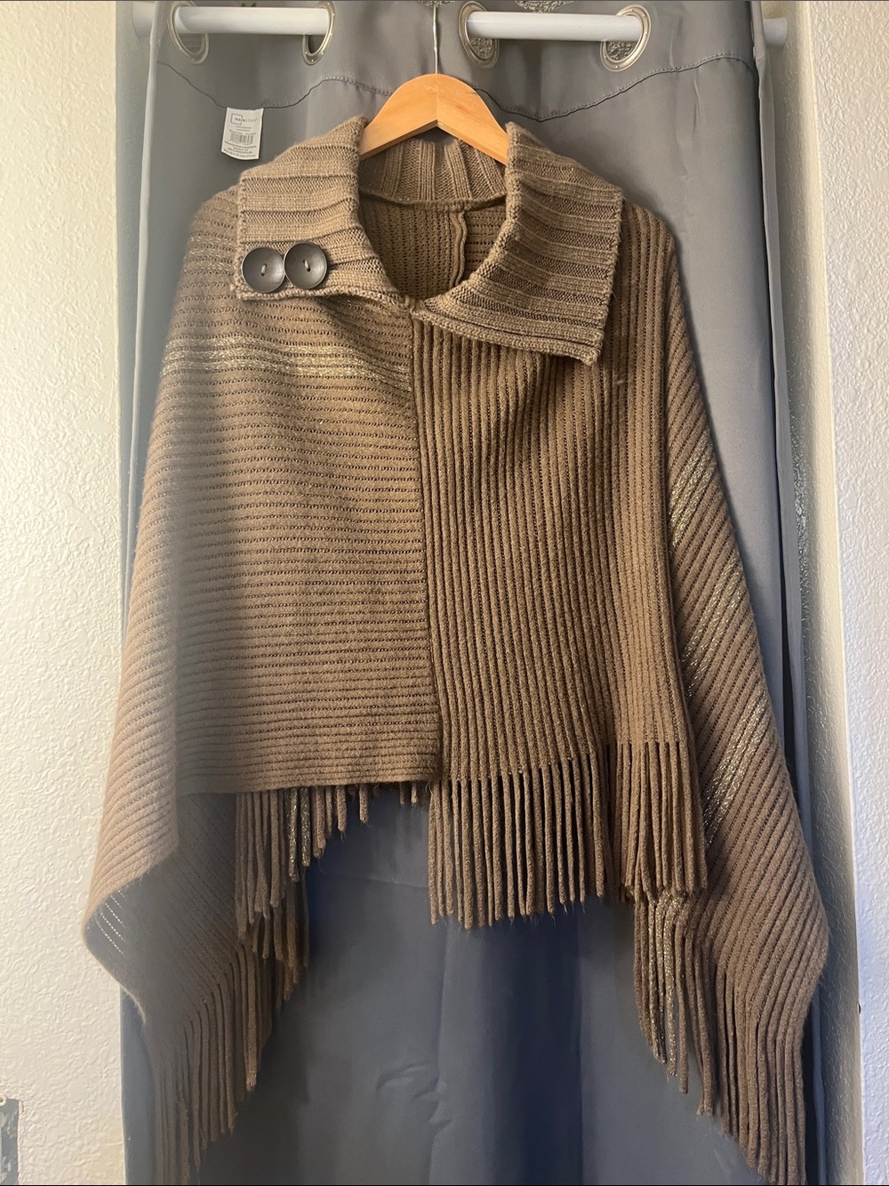 Brown Ribbed Knit Fringe Poncho with Button Collar